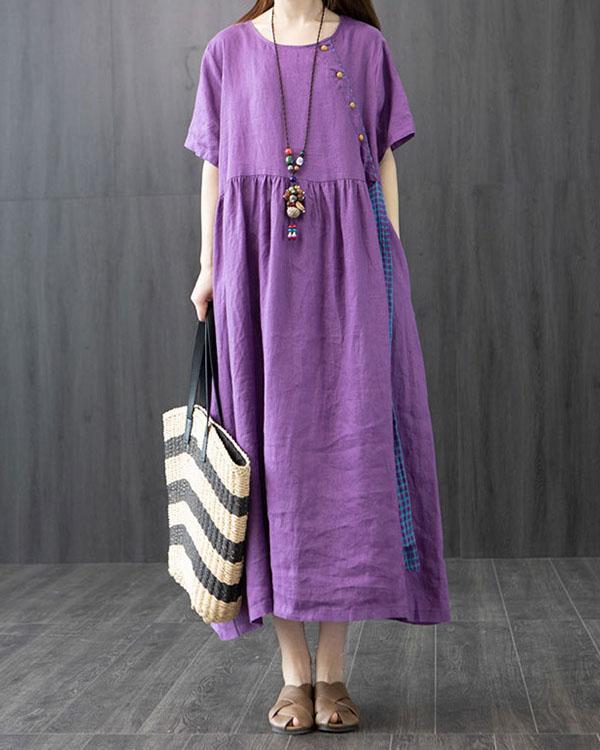 Cotton and Linen Dress Summer Loose Large Size Stitching Casual Maxi Dress