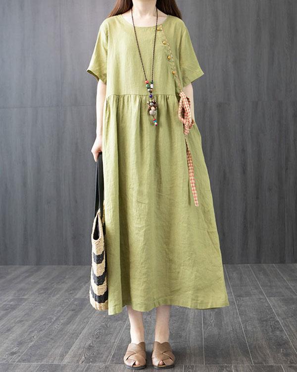 Cotton and Linen Dress Summer Loose Large Size Stitching Casual Maxi Dress