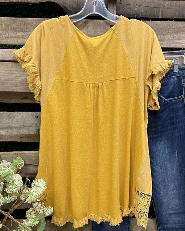 Retro Yellow  Lace  Brushed Round Neck Top