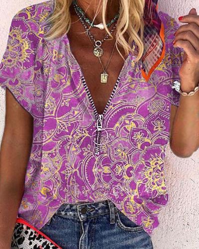 Women's Print Boho Zipper V-neck Shirt&Top