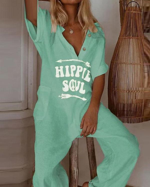 Hippie Soul Print Wide Leg Jumpsuit Button V-neck Bodysuit with Pockets