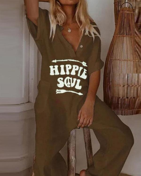 Hippie Soul Print Wide Leg Jumpsuit Button V-neck Bodysuit with Pockets