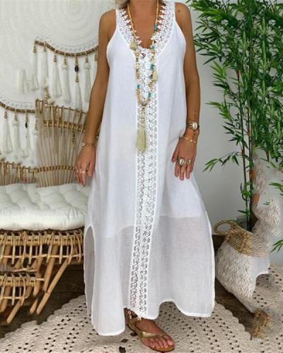 Linen Lace Trim Pure Color Split Maxi Dress