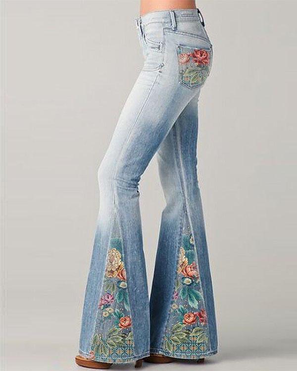 New Fashion Gradient Flower Printed Jeans Flared Pants