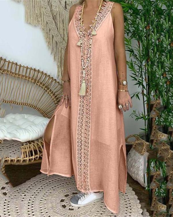 Linen Lace Trim Pure Color Split Maxi Dress