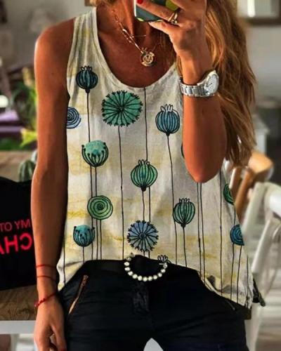 Round Neck Sleeveless Dandelion Print Vest