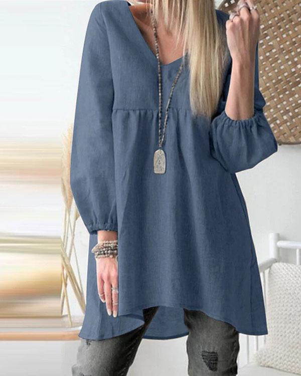 Womens Full Sleeve V Neck Jumper Long Shirts Tunic Pleaed Loose Dress