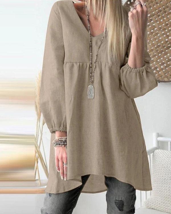 Womens Full Sleeve V Neck Jumper Long Shirts Tunic Pleaed Loose Dress