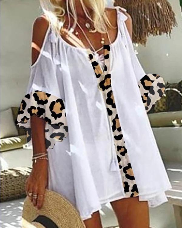 Casual Cotton Blend Leopard Print Short Sleeve Dresses