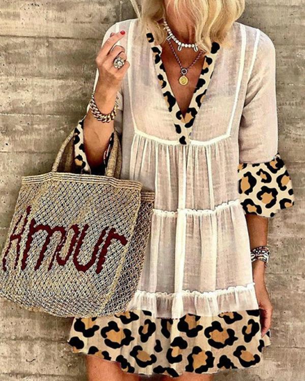 Casual Leopard Print Cotton Blend-V-neck Dresses