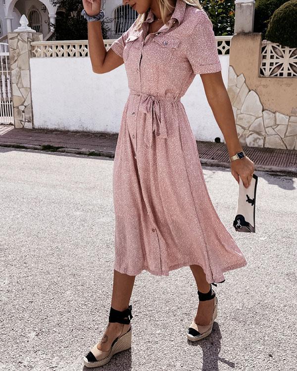 Daily/Vacation Button up Dot Print Pockets Shirt Dress with Waistband