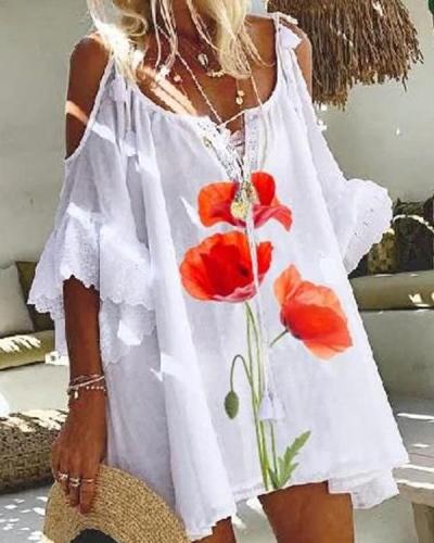 White Printed Floral Shift Cold Shoulder Dresses