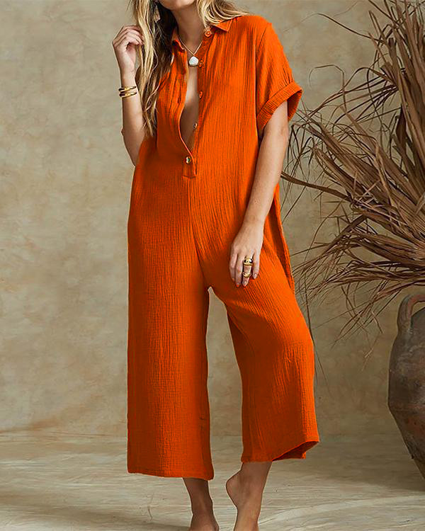 Solid Casual Wide Leg Buttoned Jumpsuit