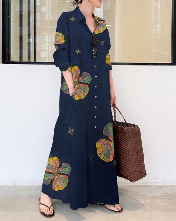 Women Linen Print Loose Maxi Dresses