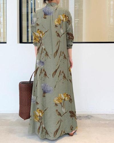 Women Floral Print Loose Linen Maxi Dresses