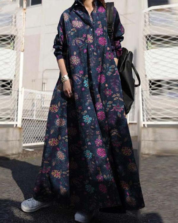 Womens Collared Check Print A-Line Casual Loose Kaftan Long Maxi Dress