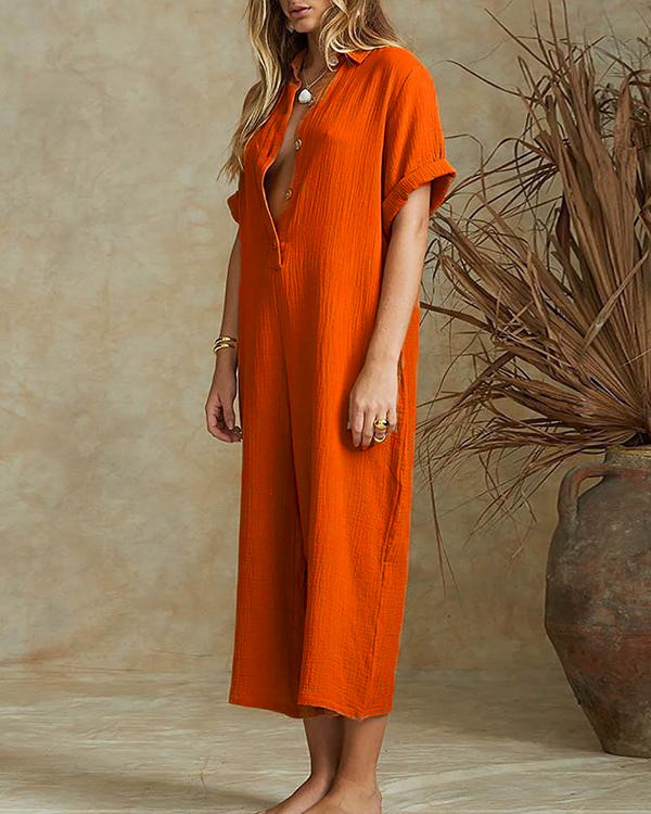 Solid Casual Wide Leg Buttoned Jumpsuit