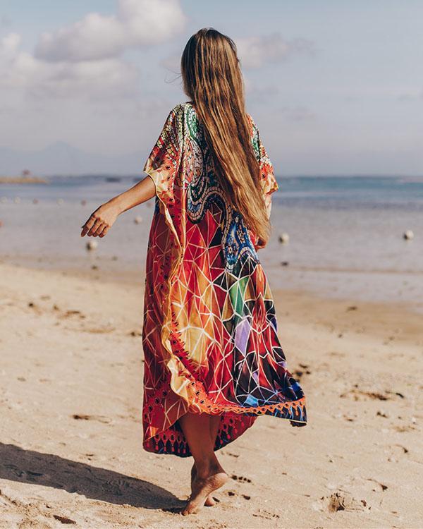 Bohemian Colorful Print Bikini Cover Up Vacation Dress