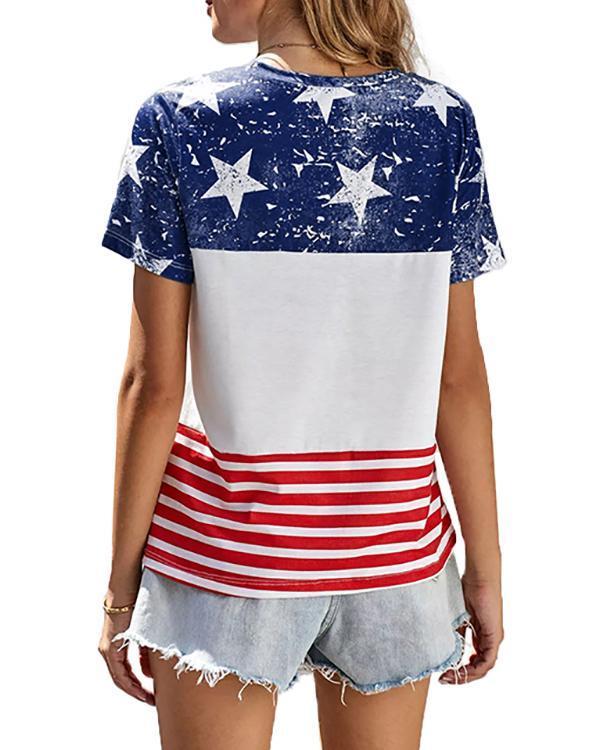 American Flag Color Block T-Shirt Tee - Blue