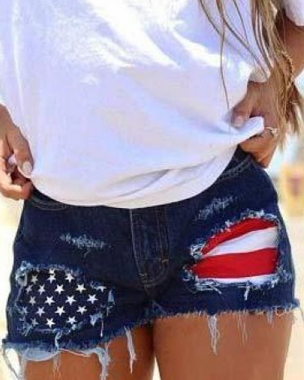 American Flag Ripped Denim Shorts