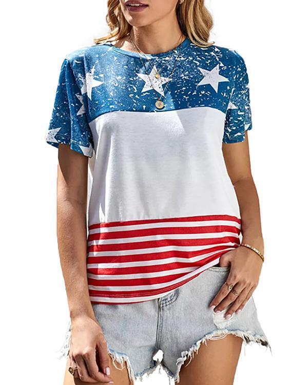 American Flag Color Block T-Shirt Tee - Blue