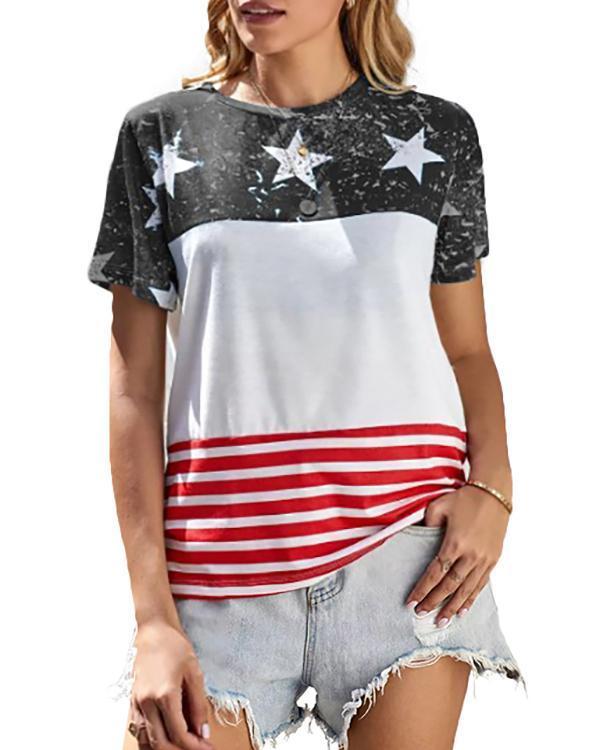 American Flag Color Block T-Shirt Tee - Blue