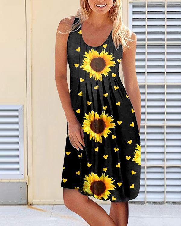 Sunflower Print Sleeveless Dress