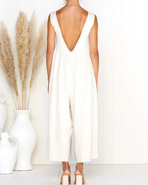 Casual Solid Irregular Pleated Crew Neck Pockets Jumpsuit
