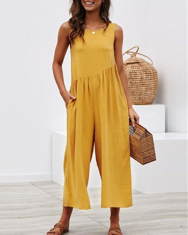 Casual Solid Irregular Pleated Crew Neck Pockets Jumpsuit