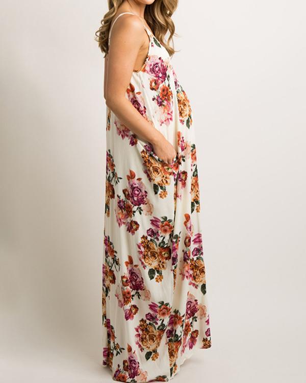 Women Maternity Loose Fit Multiflora V-Neck Maxi Dress