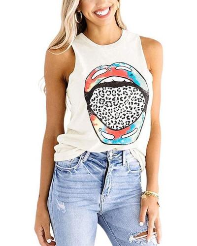 Color Lips Leopard Print Tongue Round Neck Sleeveless T-shirt Women