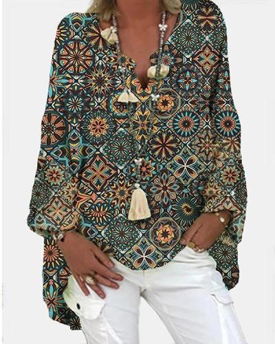 Geometric Printed Long Sleeve V-neck Casual Blosue For Women