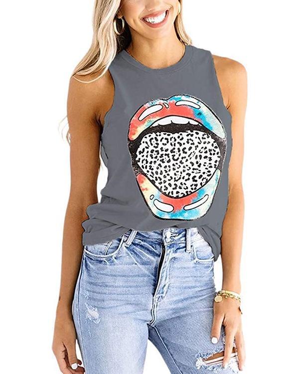 Color Lips Leopard Print Tongue Round Neck Sleeveless T-shirt Women