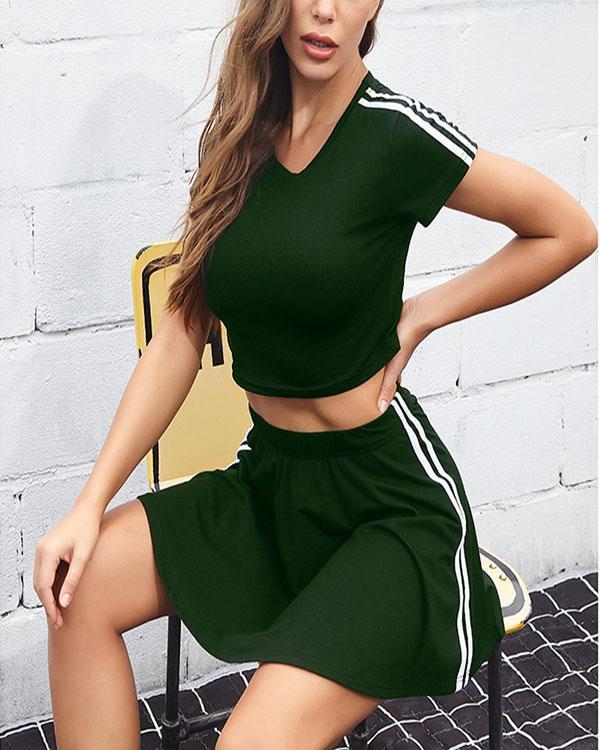 Pure Color Striped Short Sleeve Top Skirt Sports Suit