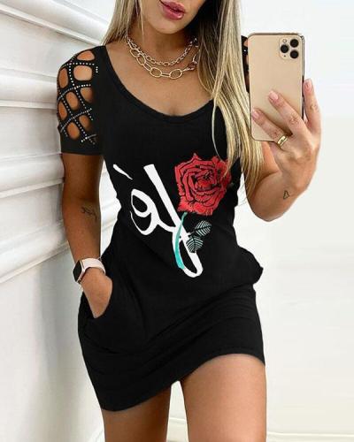 Sexy Hollow out Round Neck Print Skinny Mini Dress