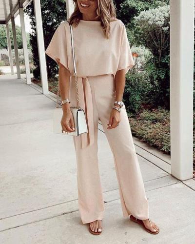 Elegant Solid Color Lace Up Bat Sleeve Jumpsuit