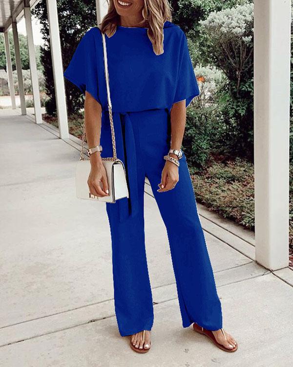 Elegant Solid Color Lace Up Bat Sleeve Jumpsuit