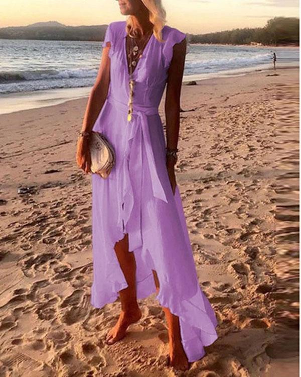 Summer Beach V Neck Women A-Line Fringed Ruffled Drawstring Boho Chiffon Dresses