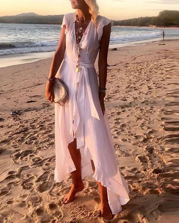 Summer Beach V Neck Women A-Line Fringed Ruffled Drawstring Boho Chiffon Dresses