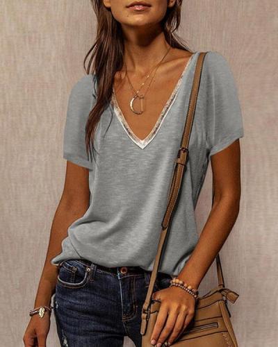 Short Sleeves Casual Solid V Neck Tops