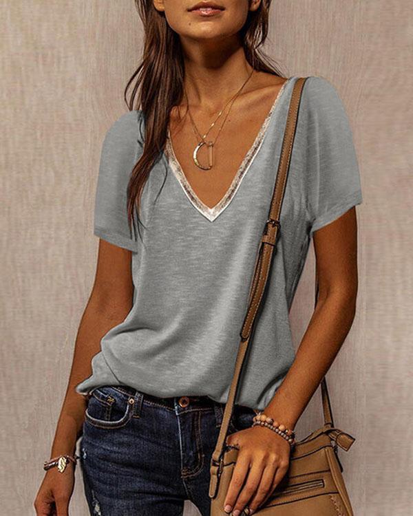 Short Sleeves Casual Solid V Neck Tops