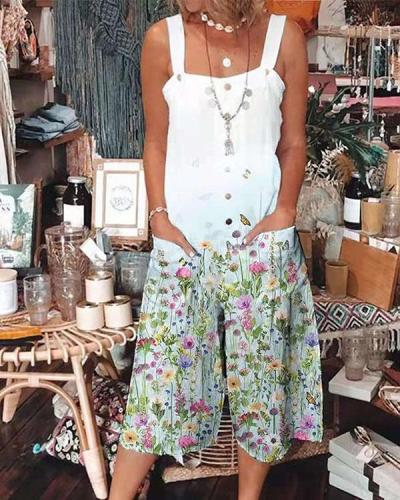 Retro Floral Casual Loose Wide Leg Jumpsuit