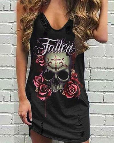 Personalized V-neck Skull&Rose Sleeveless Mini Dress