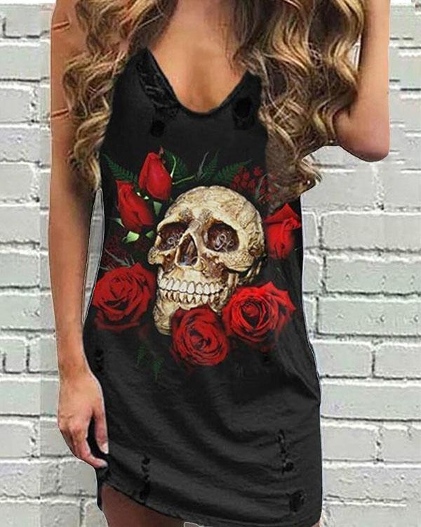 Personalized V-neck Skull&Rose Sleeveless Mini Dress