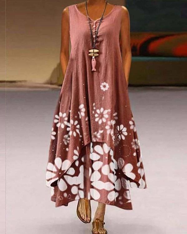 Plus Size Print Sleeveless A-Line Asymmetrical Maxi Dress