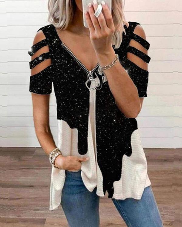 Casual Black Zipper Graphic T-shirt