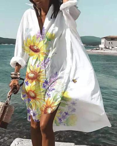 Summer Women Loose V Neck Button Dress