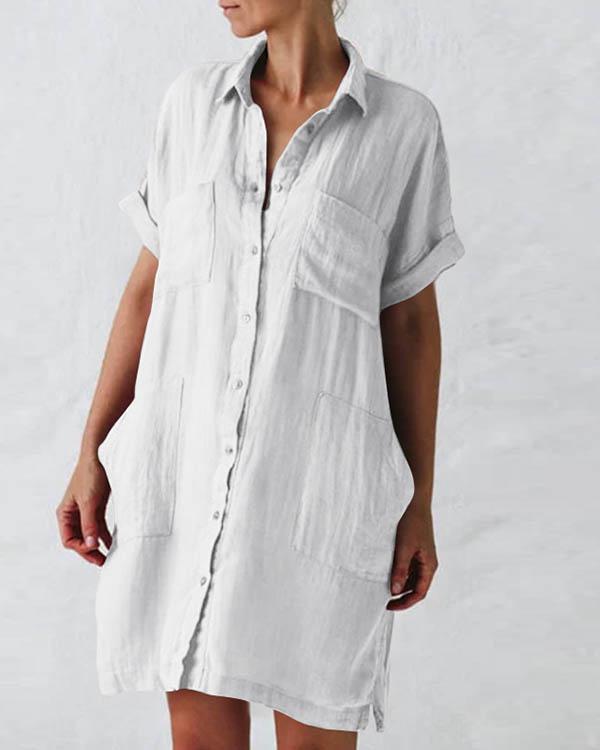 Women Plus Size Pockets Short Sleeve Button Linen Dresses