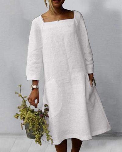 Solid 3/4 Sleeve Square Neck Linen Midi Dresses