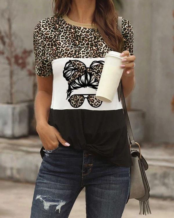 Women's T-shirts Leopard Portrait Print Short Sleeve Round Neck Daily T-shirt